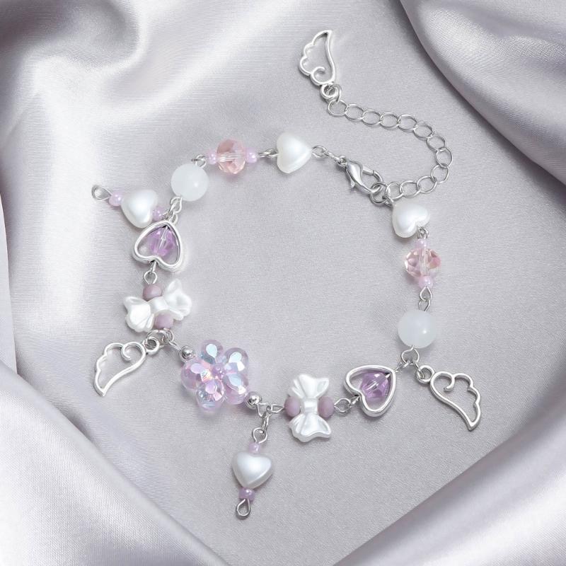 Handmade Angel Wing Bracelet Cute Bowknot Beaded Wristband Adjustable Chain Aesthetic Jewelry Gift for Women and Girls