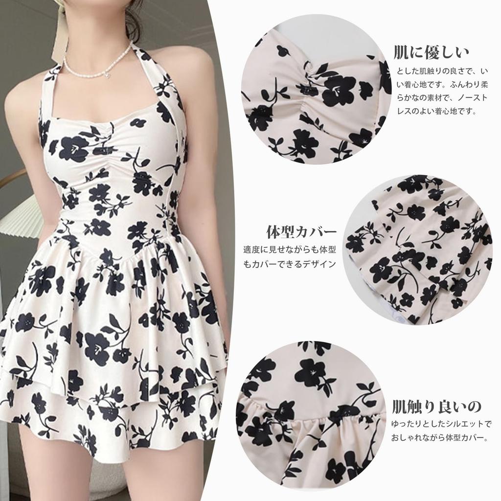 Vincent house Women's One-Piece Swimsuit, Floral Print, Solid Color, Slimming, High-Waisted, Cute, Stylish, Elegant, with Chest Pads, Off-the-Shoulder