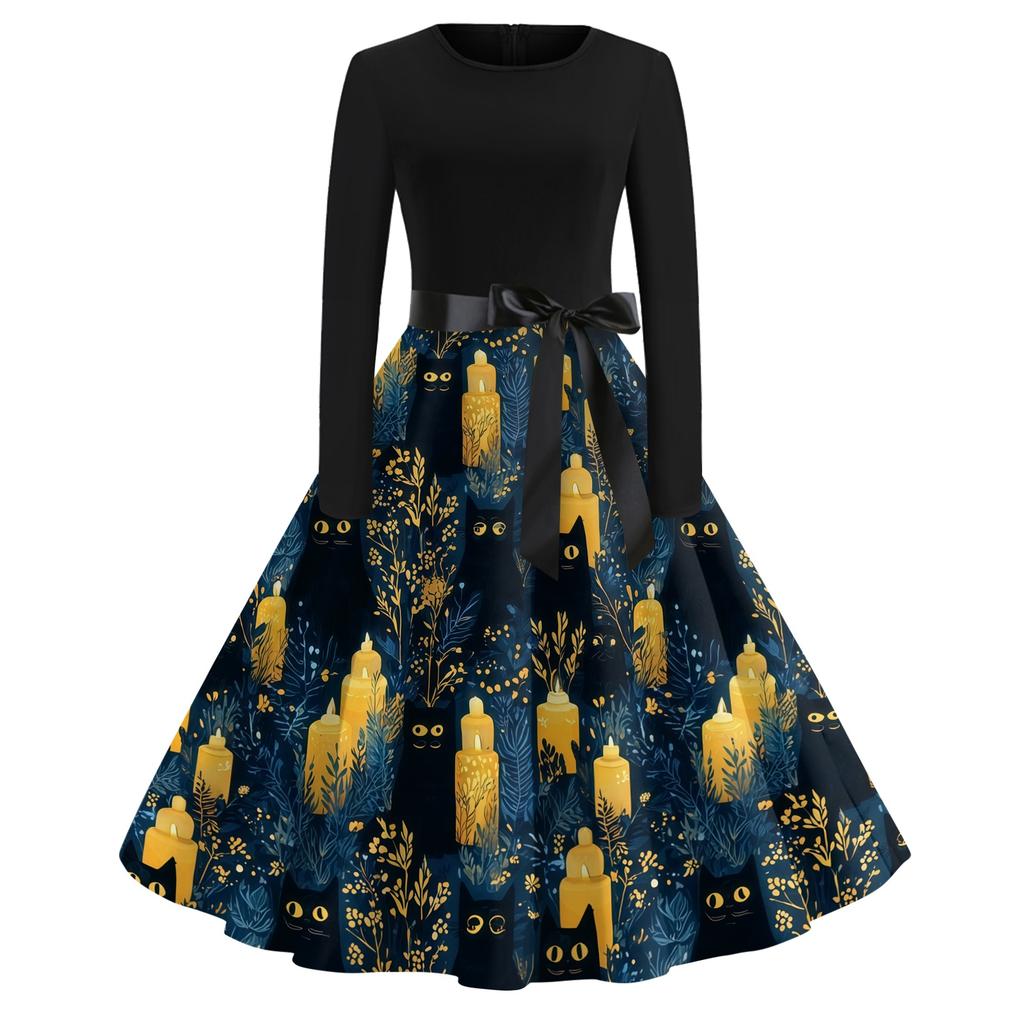 Women's Casual Halloween Print Retro Dress Long Sleeve Round Neck Vintage Style Midi Dress with Belt and Flared Skirt Suitable for Seasonal Wear