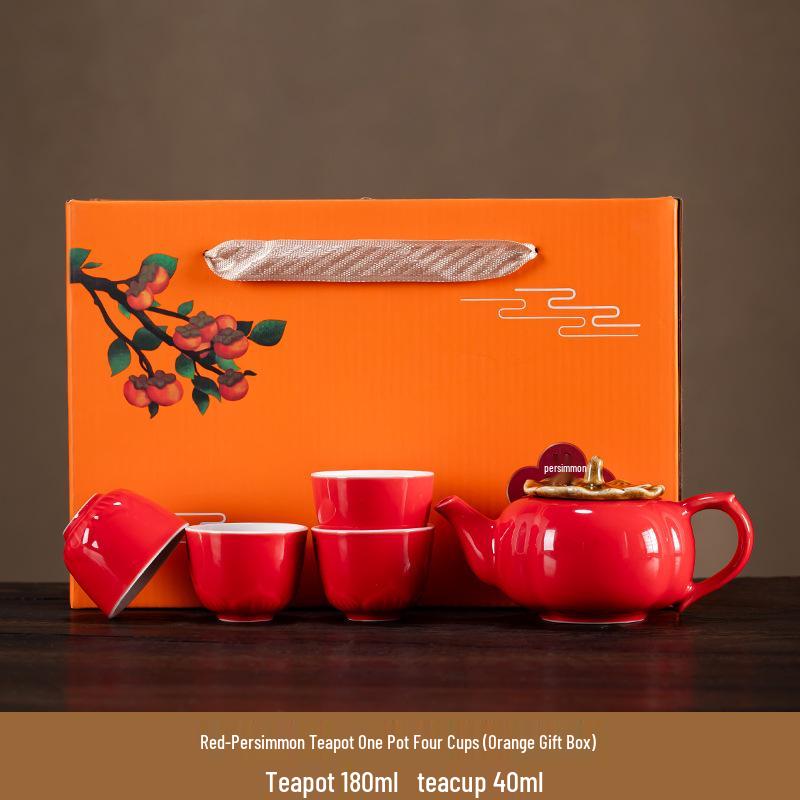 Persimmon Tea Set - Festive Ruyi Design, Custom Ceramic Gift Box for Weddings & Souvenirs