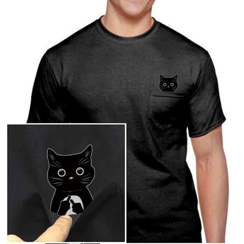 Tier Baumwolle T-Shirts Cartoon Schwarze Katze Doppel Mittelfinger Tasche T-shirt Herren Kurzarm T-Shirts Herren