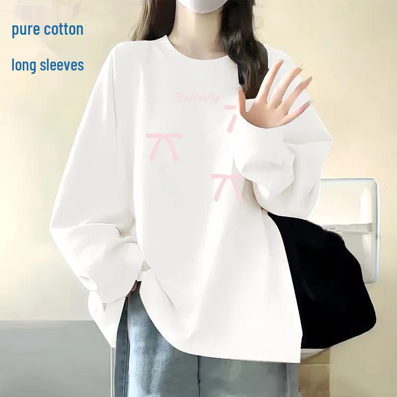 Tricou de damă cu mânecă lungă din bumbac în stil coreean - Croială largă, Gât rotund, Perfect pentru primăvară și toamnă