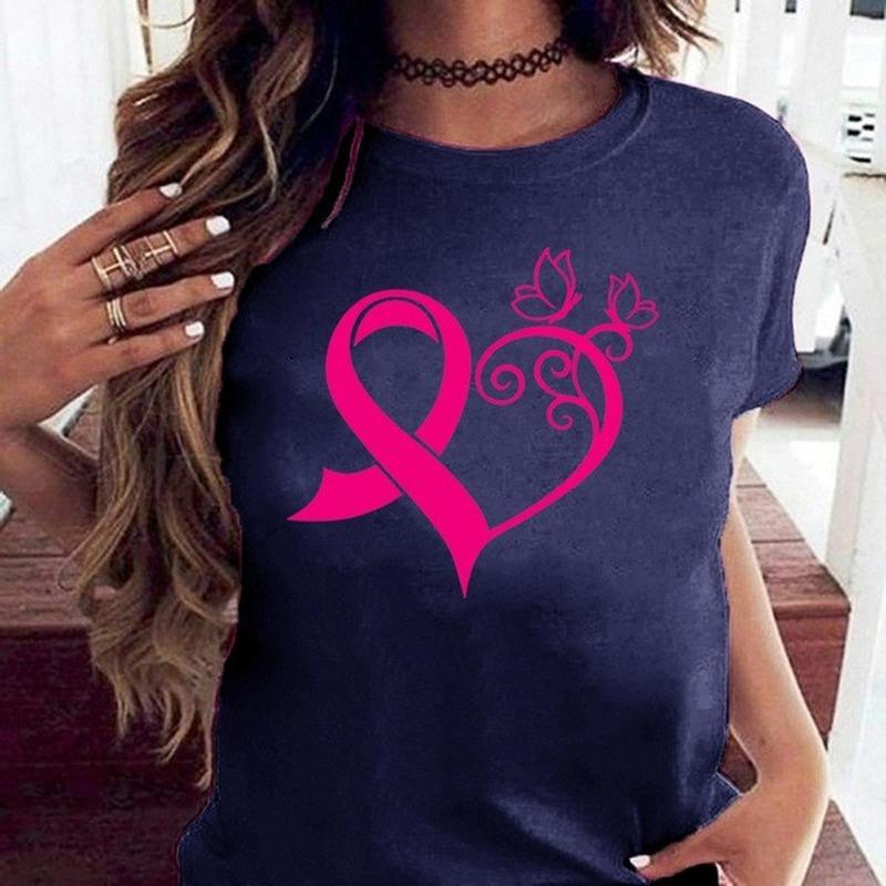 Pink Ribbon Heart Print Women T Shirt Short Sleeve O Neck Loose Women Tshirt Ladies Tee Shirt Tops Camisetas Mujer