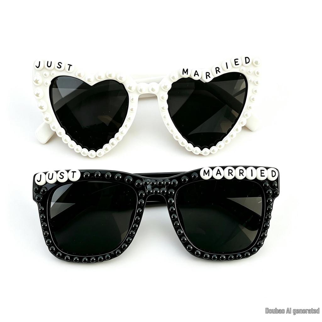 Just Married White Pearl Letter Wedding Glasses for Groom, Bride, Bridesmaid