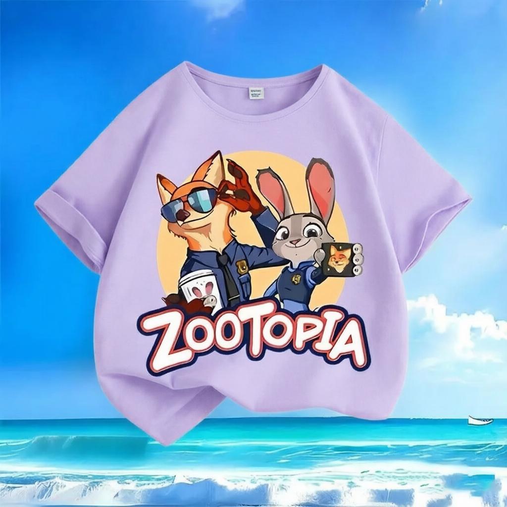 Pure Polyester Kids Short Sleeve Tee 2026 New, Zootopia Judy Nicky Cartoon Print Round Neck Casual Tops For Small Medium Children
