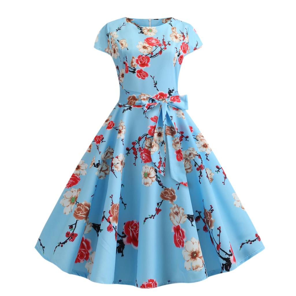 GMXIA Women's Summer Vintage Crew-neck Sleeved Waist Strap Print Swing Dress