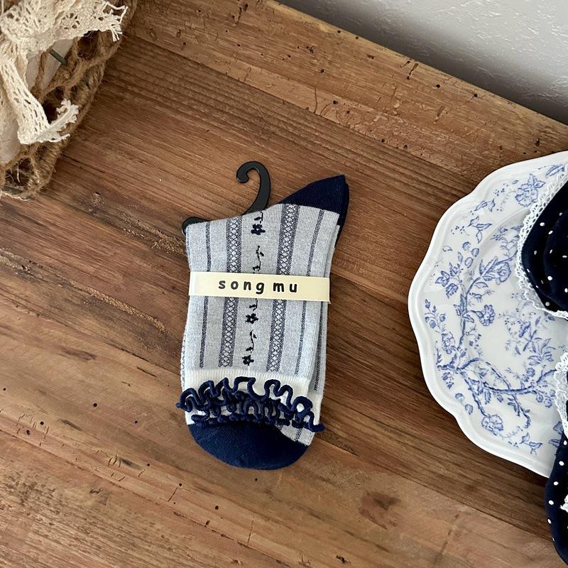 Songmu Light Retro Navy Blue "Bow Korean Socks Mid-Leg Socks Designer Cotton Socks