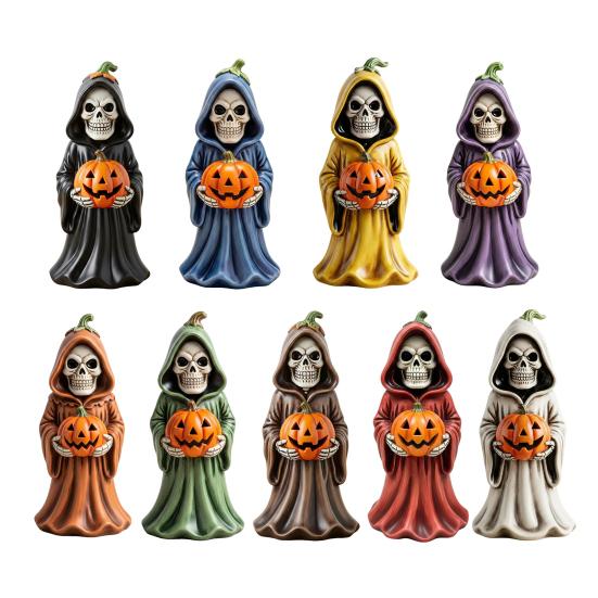 Halloween Skull Pumpkin Figurine Resin Skeleton Holding Pumpkin Statue Spooky Tabletop Ornaments for Indoor Home Decor