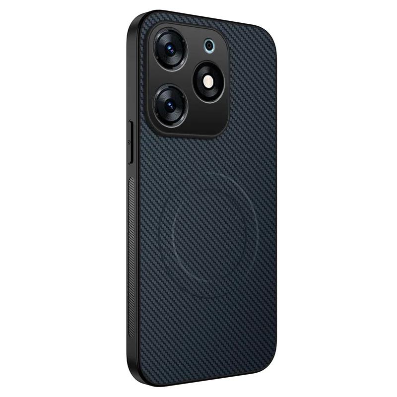 Carbon Fiber Pattern PU Leather Silicone Phone Case For Tecno Spark Go 2024 POP 8 Magnet Wireless Charging Soft Back Cover Cases