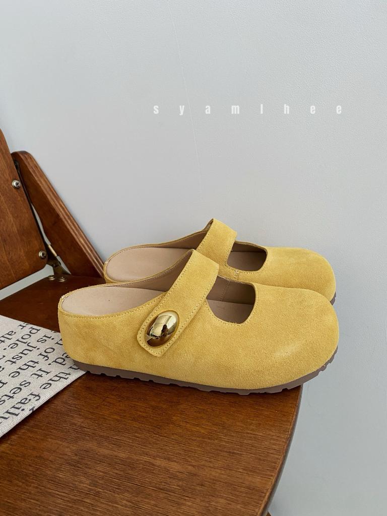 Cowhide Inner Height Increase 5cm Bag Head Slippers Women's Small Golden Bean Big Round Head Single Shoes Half Slippers