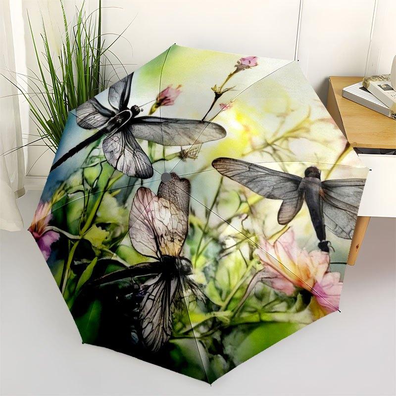 Nature-Inspired Dragonfly Garden Art PrintUmbrella with Cute Design,Portable 3-Fold Compact Umbrella for Men&Women,Valentine s Day Mother s