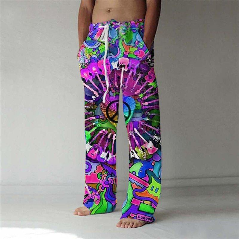 Vintage 3D Digital Printing Loose Trousers Men Drawstring Waist Casual Linen Pants Fashion Streetwear Long Pant for Male