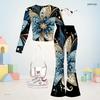 Girls Black Floral Printed Round Neck Long Sleeve Top Flared Pants Two Piece Set