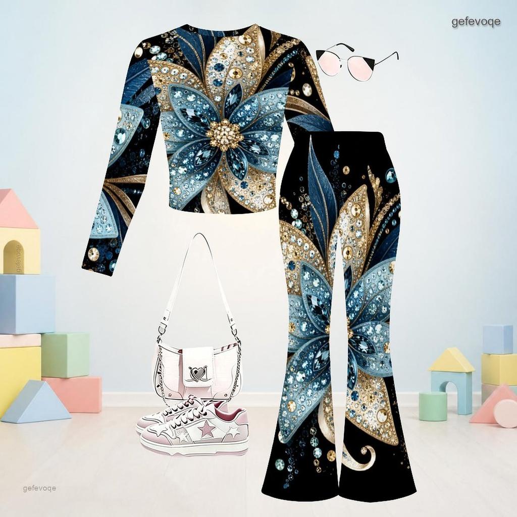 Girls Black Floral Printed Round Neck Long Sleeve Top Flared Pants Two Piece Set