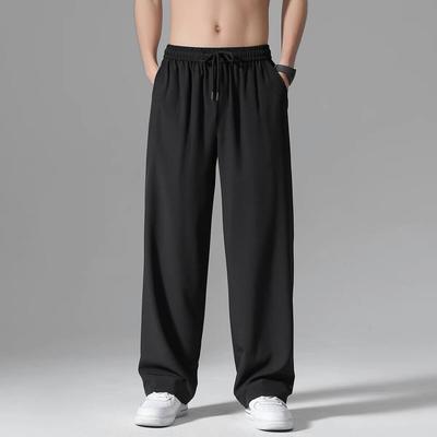 Rekbare casual broek voor heren met zakken, trekkoordontwerp, effen kleur, sneldrogende broek, rechte broek over de volledige lengte