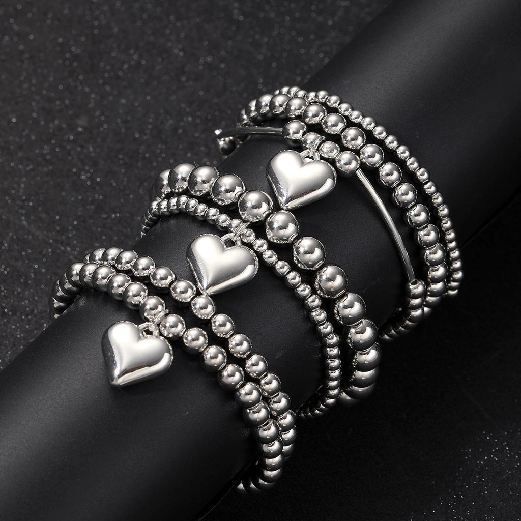 7Pcs/Set Chic Heart Charm Beaded Bracelet Set For Women Vintage Simple Silver Color Exquisite Multi-Layer Bracelets Jewelry Gift