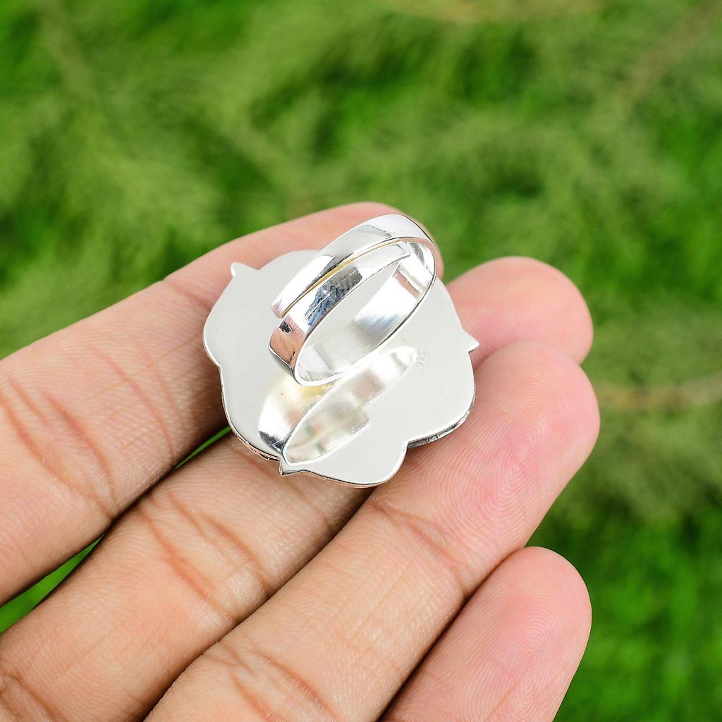 Natural Larimar Gemstone Solitaire Flower Blue Adjustable Ring 925 Silver