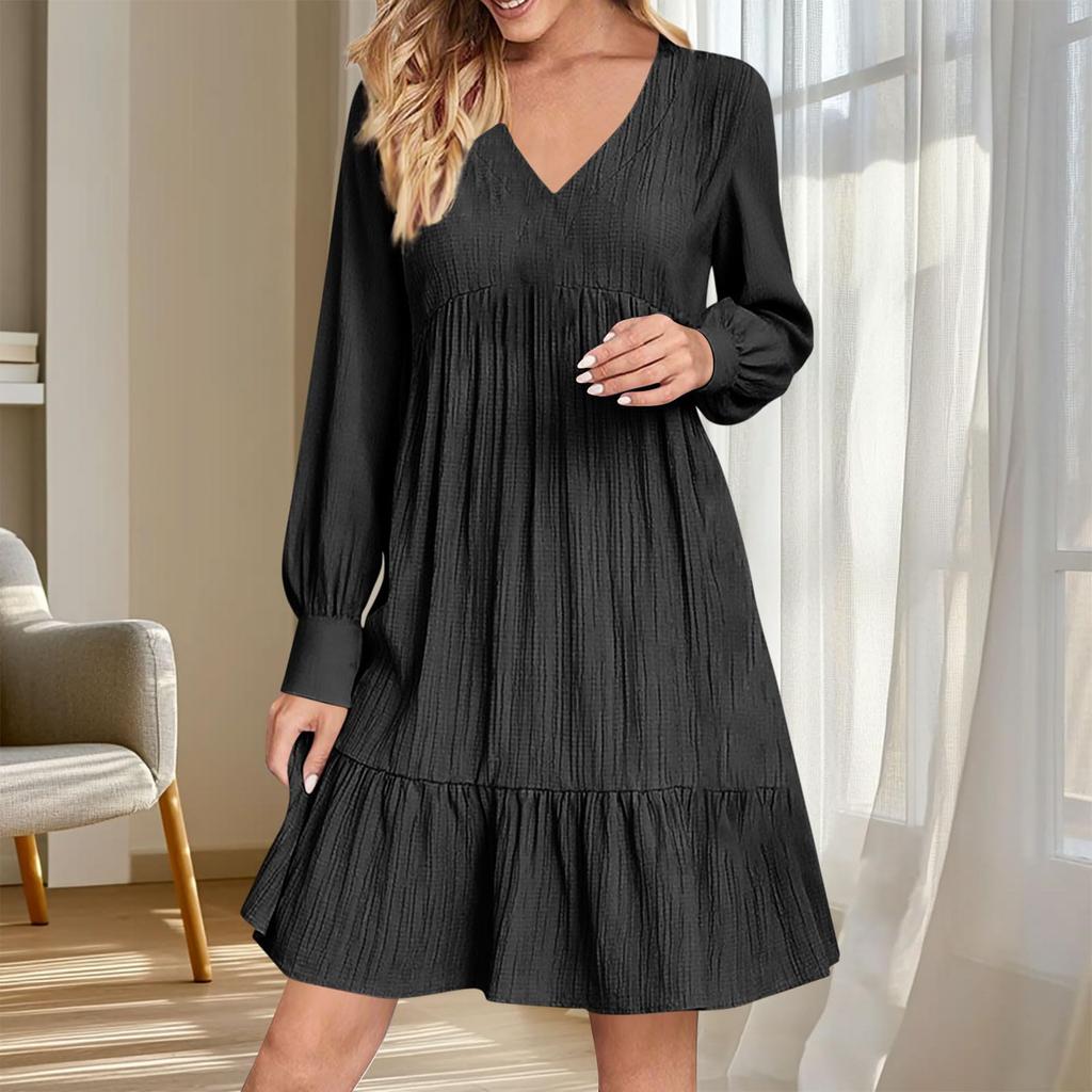Women Casual V Neck Pleated High Waist Long Sleeve Loose Fit Dress with Ruffle Hem Lightweight Comfortable Fabric Suitable for Daily Wear