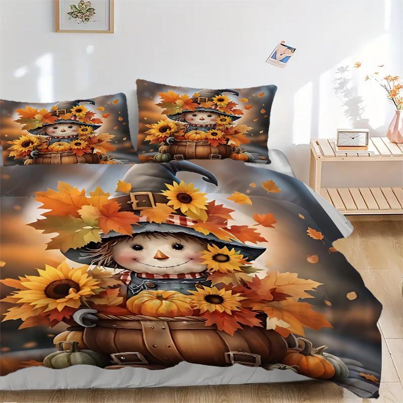 3pcs Autumn Harvest Scarecrow Bedding Set, Including 1 Quilt Cover and 2 Pillow Shams, Without Filling, Soft and Comfortable Home Bedroom Fa