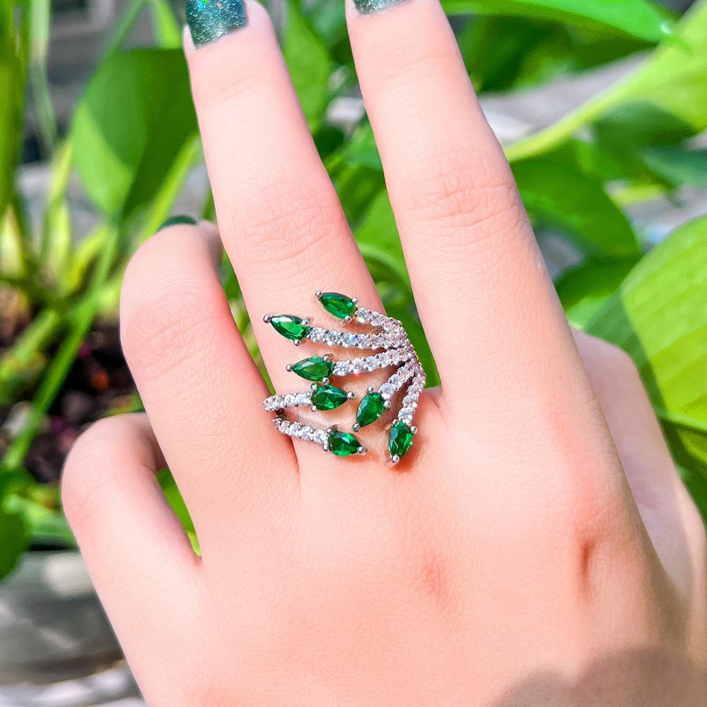 Light Luxury Full Diamond Creative Leaf Open Ring Colorful Treasure Emerald Micro Inlaid Zircon Temperament Ring Ring Ring