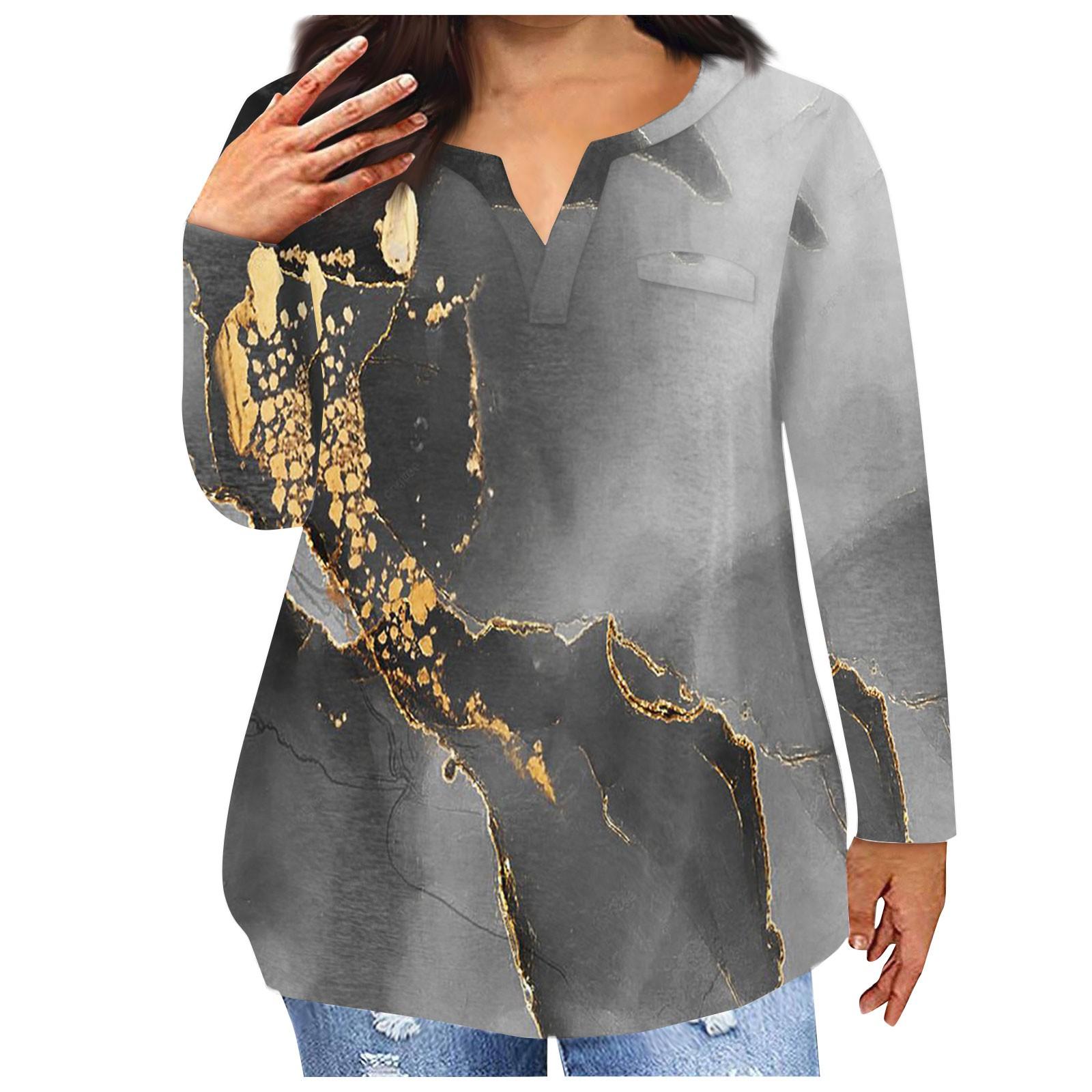 

Модная женская повседневная футболка больших размеров с длинными рукавами и круглым вырезом с градиентным принтом и карманами XXXL серый