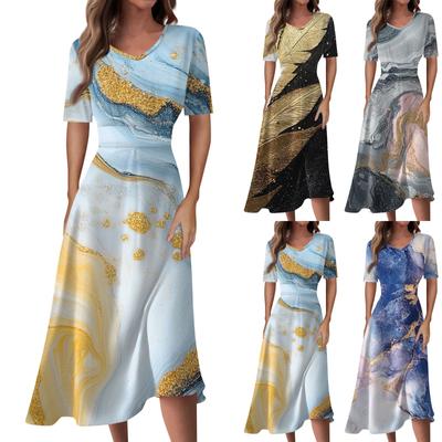 Ladies Casual Fashion Gradient Print V-Neck Short Sleeve Waist Long Swing Dress
