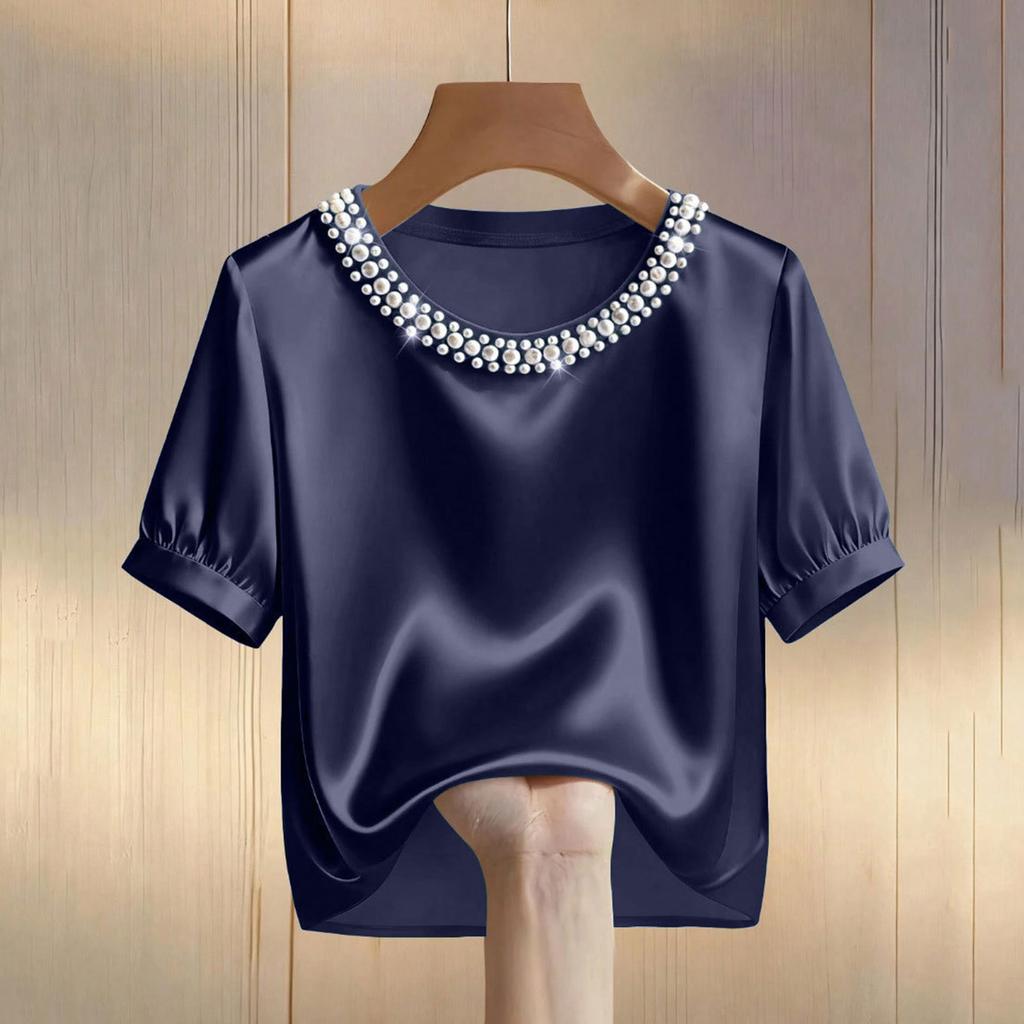 Damen-T-Shirt mit Satin-Perlenmuster, Rundhalsausschnitt und kurzen Ärmeln, lässiges Oberteil