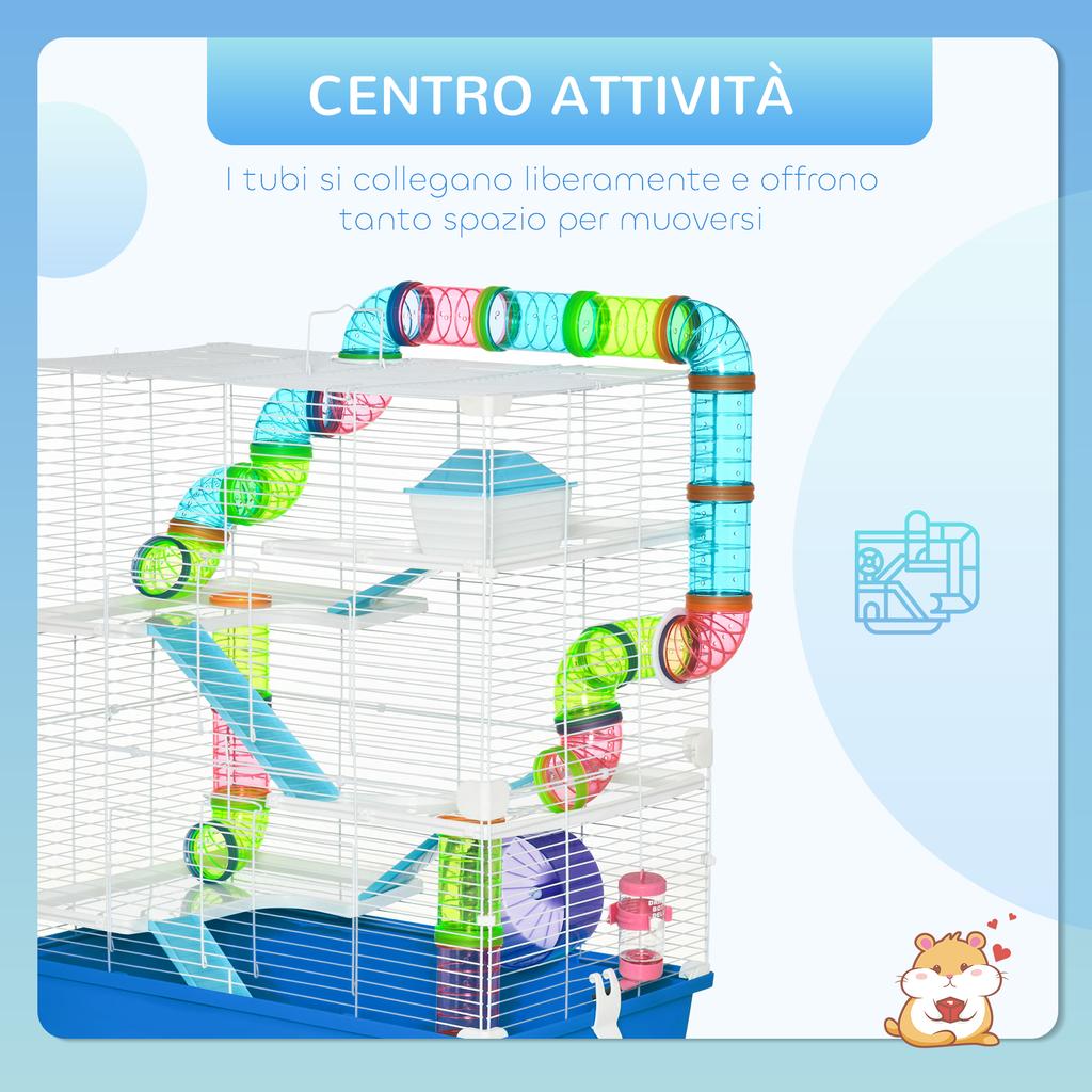 5-Tier Hamster Cage with Tubes, House, Tank and Wheel, Made of Steel, PP and PS, 59x36x69 Cm, Blue and White