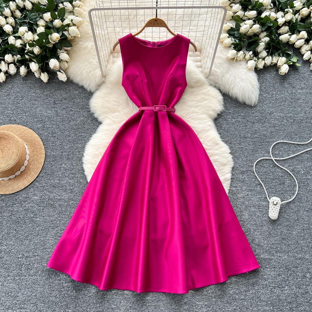 French Dress Women's Summer High-end Feeling with Belt Waist Round Neck Sleeveless Big Swing Vest Dress