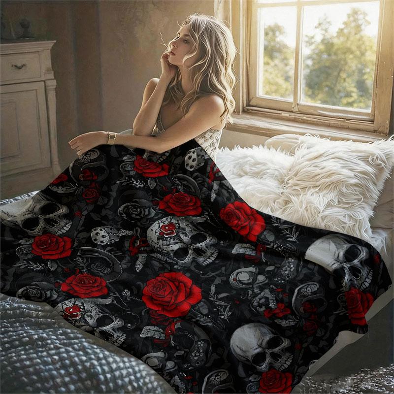 Skulls Roses Gothic Black Flannel Blanket Perfect for Sofa Office Bed Travel Sleep Read Relax Camping Four Season Use