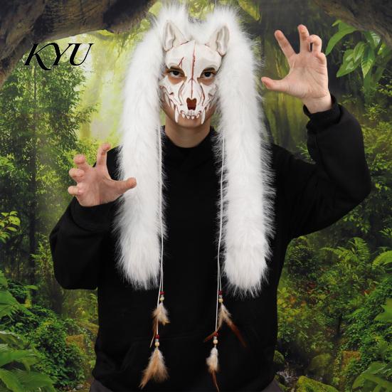 Doplňky ke kostýmu na Halloween pro párty Válečník Vlk Lebka Maska, Dlouhá Kožešinová Ušní Třásně Čelenka Cosplay Venkovní Tematické Focení Rekvizity Párty, Vlkodlak Obličej