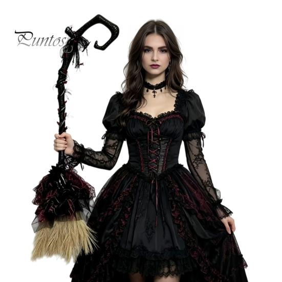 Party Atmosphere Decoration Halloween Witch Broom, Black Tulle Cosplay Costume, Gothic Spooky Home Decor Rose Skeleton Hand Broomstick for Party,