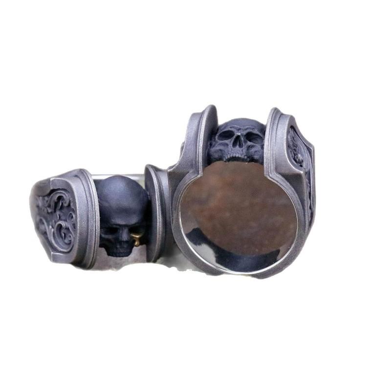Adjustable Open Ring With Engraved Skull Motif In Antique Finish Sterling Unisex Vintage Gothic Jewelry
