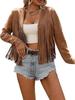 New Women's Faux Suede Fringe Trim Long Sleeve Open Front Cardigan Western Music Festival Outfit