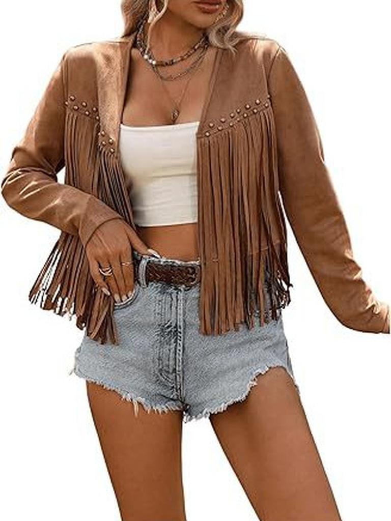 New Women's Faux Suede Fringe Trim Long Sleeve Open Front Cardigan Western Music Festival Outfit