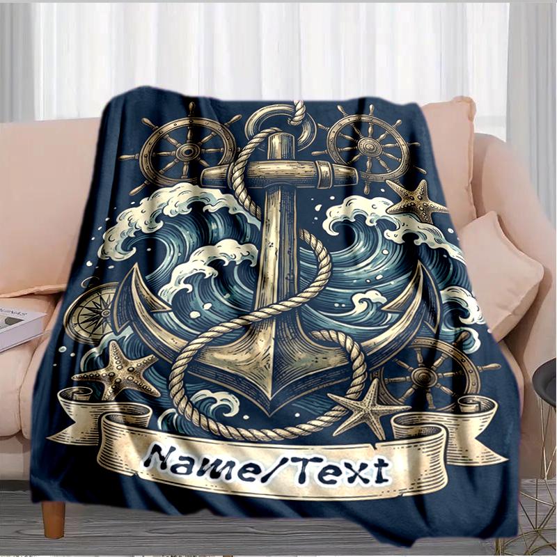 1PC Custom Name Nautical Anchor Adventure Outdooor Flannel Blankets Throw Blanket All-Season Throw Gift Bedspread for Couch, Bed, Camping Holiday Birt