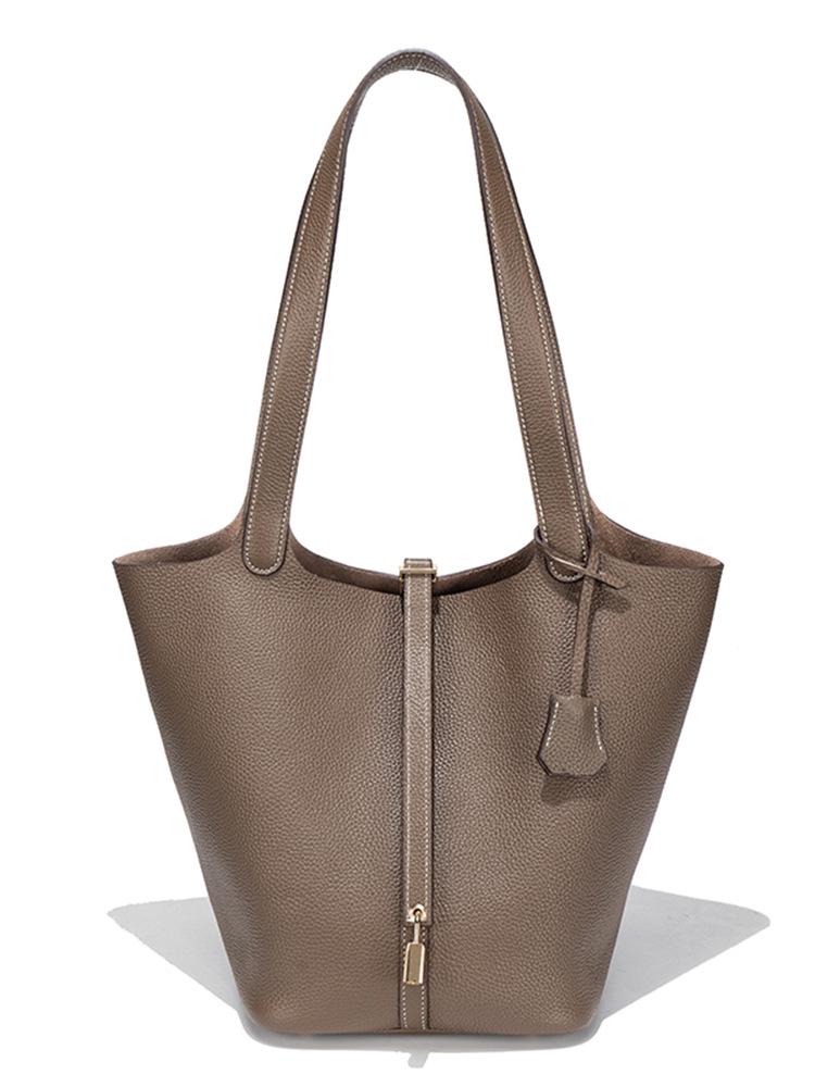 Extra Large Genuine Leather Single Shoulder Market Basket Bag - Top Layer Cowhide Exquisite Women's Handheld Bucket Bag