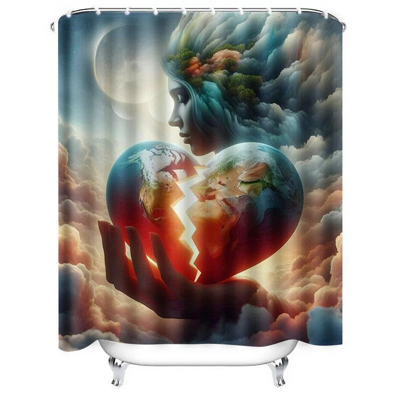 Surreal Earth Heart Shower Curtain - Waterproof, Mildew-Resistant, Machine Washable For Dreamy Bathroom Decor