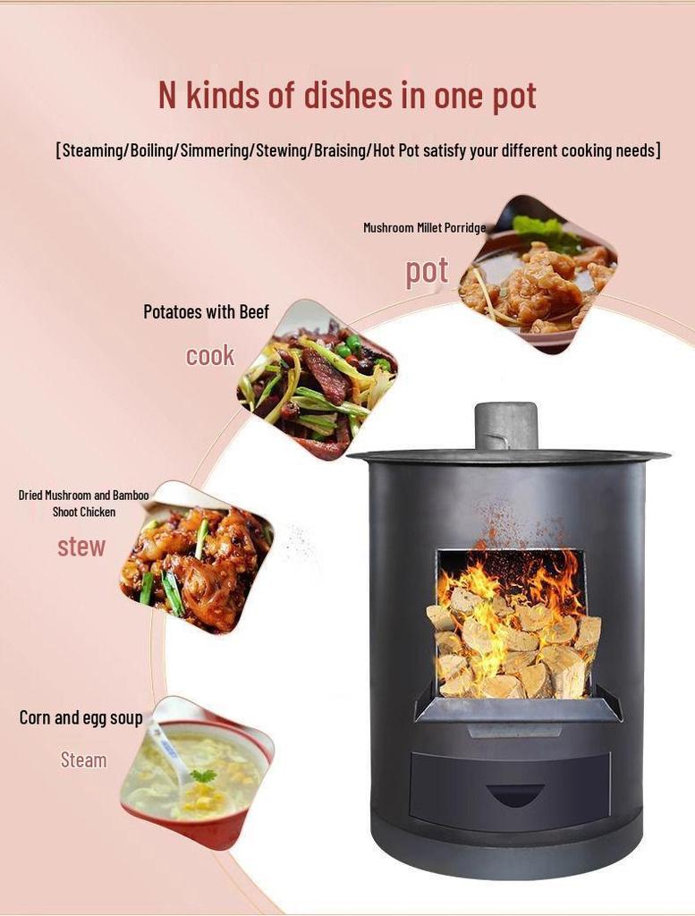 Energy-Saving Portable Indoor Firewood Stove: Smokeless Iron Heating with Big Pot Table for Rural and Courtyard Use.