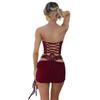 Retro Cross-Border Lace-Up Strapless Waist-Shaping Top and Hollow-Out Leather Skirt Set for Women