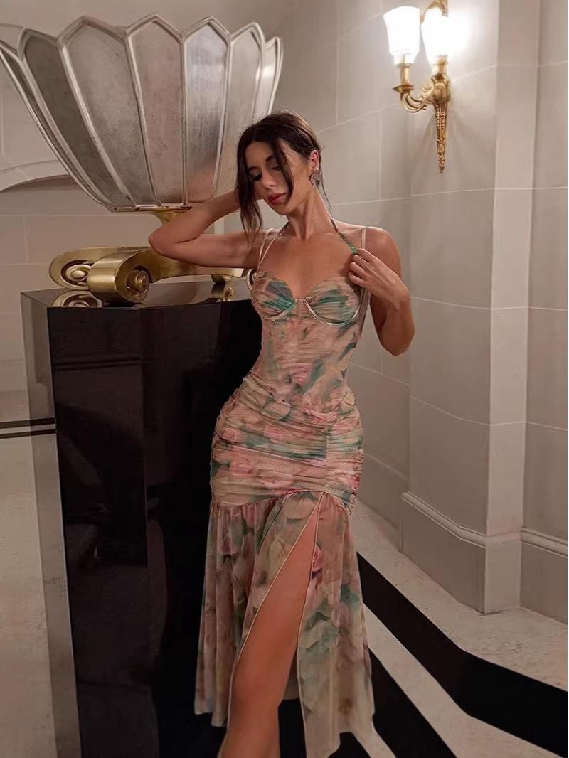 

2026 Summer European & American Women s Spaghetti Strap High Waist Printed Slit Dress Large рожевий