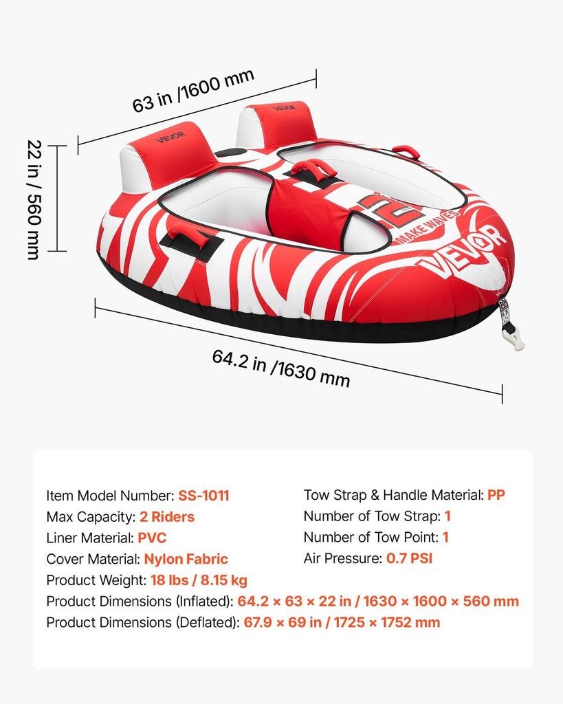 Towable Tubes for Boating, 2-Rider Inflatable Boat Tubes and Towables, 154 kg Capacity Water Sport Tubes for Boat to Pull - with 2 Cockpits, Full
