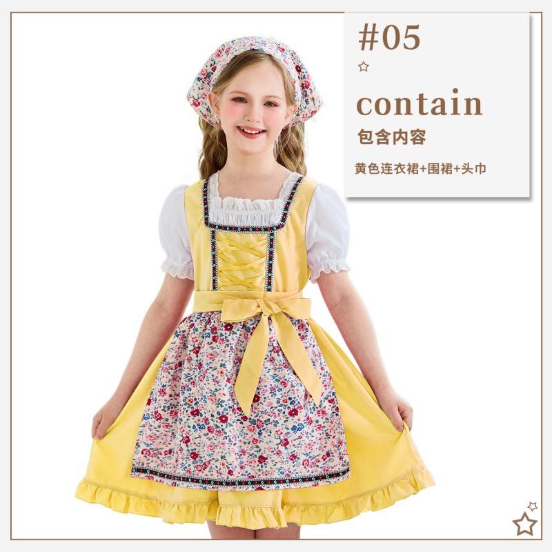 Kids Halloween Costume Dirndl Dress With Apron Headscarf - Lolita Farmhouse Style Girls Short Sleeve Sweet Vintage Outfit