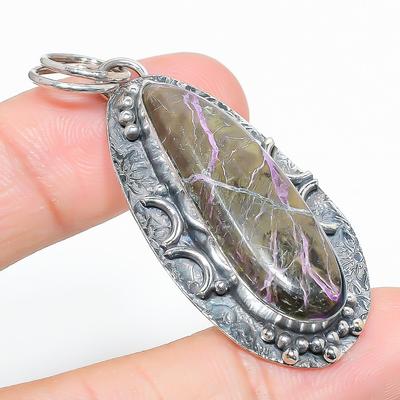 Natural Purpurite Gemstone Handmade 925 Sterling Silver Pendant 2.17" B0P26