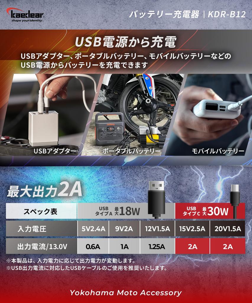 Kaedear KDR-B12 Motorcycle Charger, USB Input, 12 V, Charger, 2 A, Maintenance