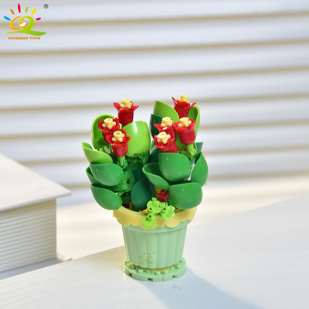 HUIQIBAO MOC Bouquet Potted Plant Micro Building Blocks Eternal Flower Model DIY Home Desk Decoration Brick Toy For Children