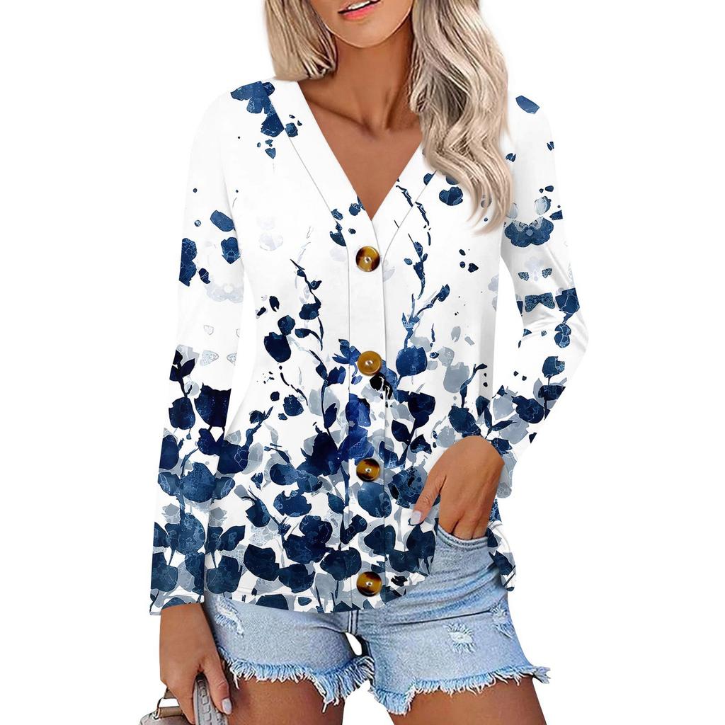 Women's Fashion Casual Print Button-down Shirt Long Sleeve Tops