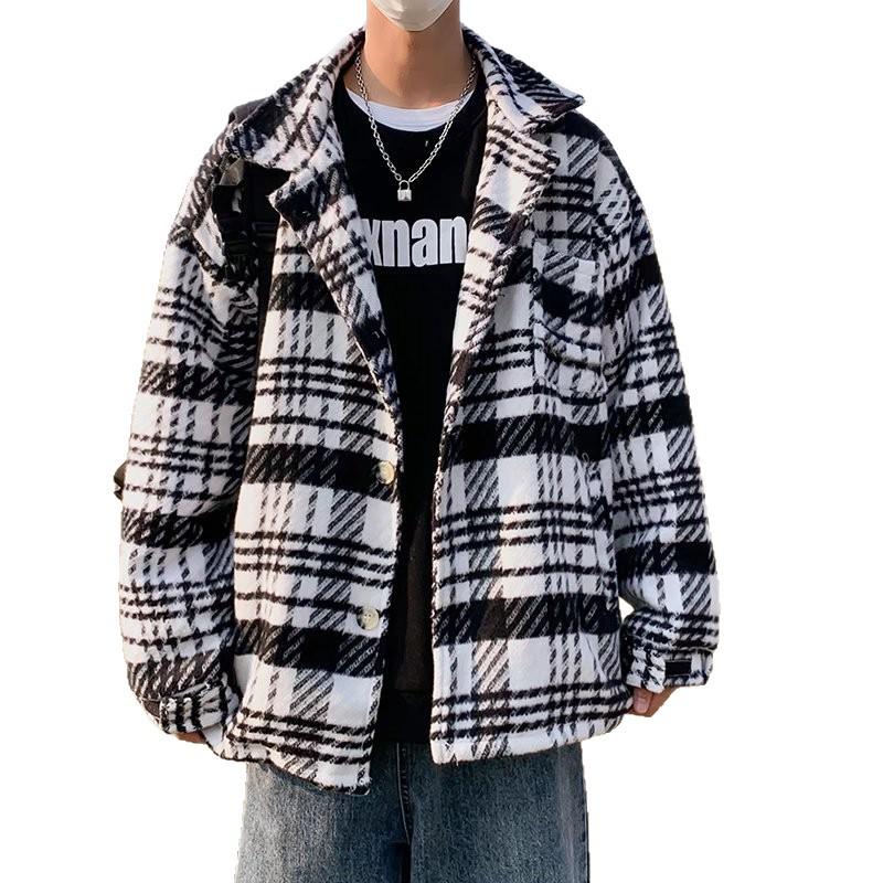Men's Plaid Woolen Trench Coat: Autumn/Winter Japanese Retro Hong Kong Style, Loose Casual Jacket.