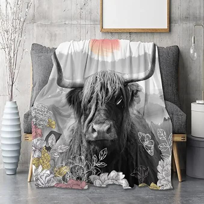 Ultra Soft Flannel Brown Cow Throw Blanket Highland Cattle Landscape Rustic Farmhouse All Season Warm Lightweight Cozy King Size