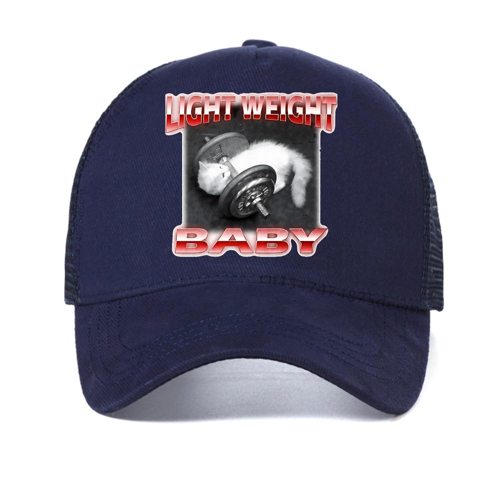 

Funny Cute Cat Dumbbell Print Breathable baseball cap Casual Fashion Summer mesh snapback hat adjustable sport trucker hats Adjustable темно-синього кольору